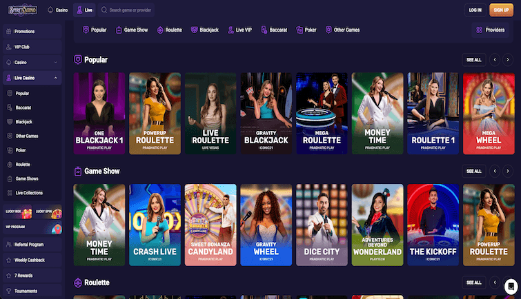 Spirit Casino Live Games Interface