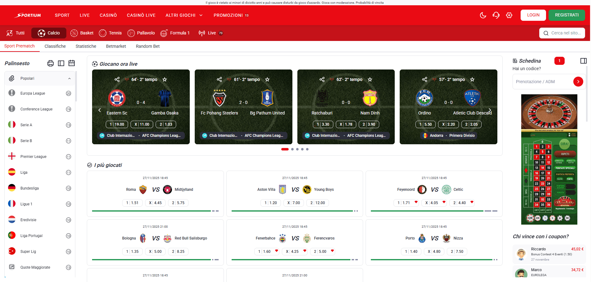Interfaccia della piattaforma Sportium scommesse che mostra live betting e quote