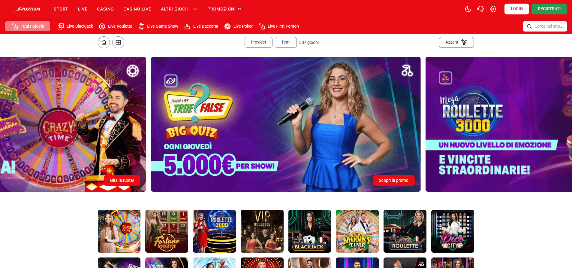 Interfaz de Sportium Casino mostrando juegos en vivo