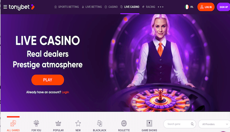 Tonybet Live Casino Interface